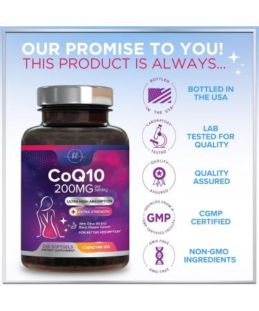 CoQ10 200mg Supplement - Ultra High Absorption Antioxidant for Heart Health & Energy Production Support - Coenzyme Q10 (Ubiquinone) Co Q 10 Supplement & Vitamins 100mg Each - Non GMO - 240 Softgels 240 Count (Pack of 1) - Buy Online on GoSupps.com