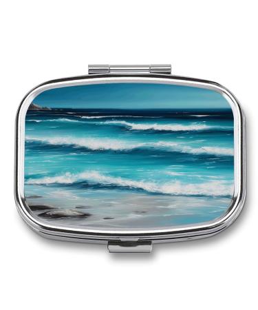 Pill Box Turquoise Beach Original Seascape Print 2 Compartment Medicine Pill Case Pill Organizer Decorative Metal Portable Pill Box for Pocket Or Purse
