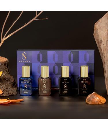 Nisaara Long Lasting Men Perfume Gift Set 4x15ml with | Men Of The Night | Blue Seduction | The Legend | Smoky Oud | Travel & Pocket friendly perfume kit for all moods & occasions - Buy Online on GoSupps.com