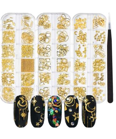 3 Boxes Nail Art Decals Studs Design Decoration Accessories 3D Metal Nail Charm Supplies Gold Star Moon Heart Square Rivet Caviar Nail Beads Nail Art Jewels Decoration With 1Pc Tweezers Tool for Women