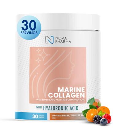 NOVA PHARMA Marine Collagen Powder with Hyaluronic Acid - Hydrolyzed Collagen Peptides Protein Powder Supplement for Anti-Aging Skin Health Nail & Hair Growth 30 Servings (Tangerine & Berries)
