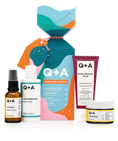 Q+A Skincare Heroes Gift Set Bundle Giftset contains Hyaluronic Acid Hydrating Cleanser 75ml Vitamin C Brightening Serum 30ml Ceramide Face Cream 50g and Niacinamide Daily Toner 100ml