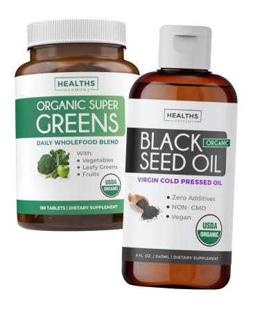 Super Greens & Black Seed Oil (3-Month Supply) Herbal Oil Blend Bundle of Organic Super Greends Powder - Complete Superfood (180 Capsules) & Organic Black Seed Oil Liquid - Cold pressed (8 fl oz)