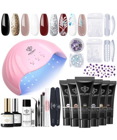Modelones Poly Nail Gel Kit - Nail Extension Gel Kit 6 Colors with 48W Nail Lamp Slip Solution Rhinestone Glitter All In One Kit for Nail Manicure Beginner Starter Kit DIY at Home Kit Gift for Women S1-BLACK GOLD