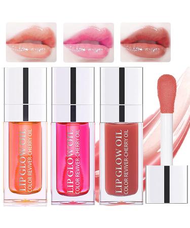 Plumping Lip Oil(3 Pcs)  Hydrating Lip Gloss Tinted Lip Balm Transparent Lip Care  Big Brush Head Glitter Shine  Long Lasting Nourishing Non-sticky Fresh Texture