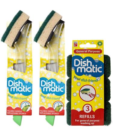 2X Dishmatic Fillable Washing up Brush and Sponge - Easy Grip Dish Cleaner - with 3X Dishmatic General Purpose Brush Sponge Refills 2X Dishmatic Brush + 3X Refills