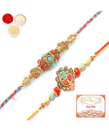Ghasitaram Gifts Rakhi for Brother Rakhis Online - Set of 2 Beautiful Colours and Blue Ethnic Premium Rakhis with 400 GMS of Kaju katli