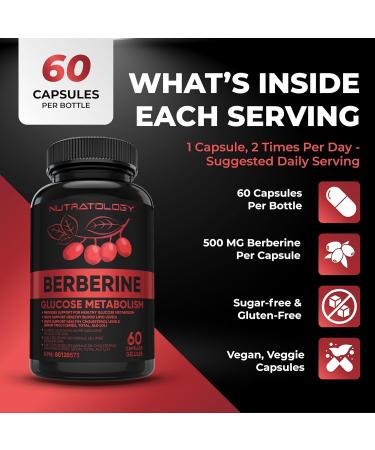 Berberine Supplement - Max Potency 500MG Per Capsule - Supports Glucose Metabolism - Healthy Blood Sugar Levels Through Efficient Metabolism Of Glucose (Sugar) And Lipids (Fats) - 60 Capsules 60 count (Pack of 1) - Buy Online on GoSupps.com