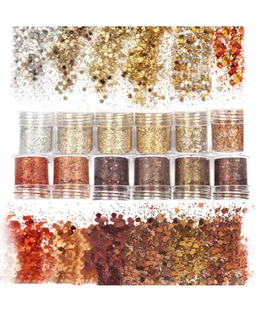 Laza Autumn Nail Glitter, 12 Colors Acrylic Nails Art Glitter Powder Sequin, Retro Copper Iridescent Flake Paillette Sparkle Tip 120g for Gel Polish, Face, Eyes, Body, Hair, Jewelry, Resin -Golden Age