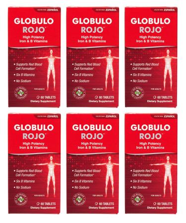 Globulo Rojo Iron Supplement - Dietary Supplement Pills with High Potency Iron & B Vitamins 60 Tablets - 6 Pack 60 Count (Pack of 6)