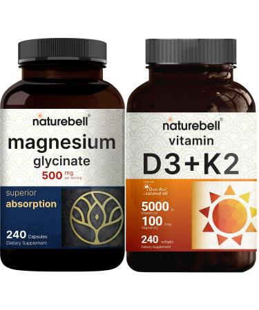 NatureBell Magnesium Glycinate Capsules 500mg & Vitamin D3 5,000iu with K2 MK-7 100mcg Softgels Bundle Pack | Chelated & Purified Mineral | Bioavailable Virgin Coconut Oil Softgels
