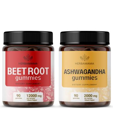 HERBAMAMA Beet Root and Ashwagandha Kit - Bundle of 12000 mg Beet Root with Black Pepper & 2000 mg Ashwagandha Root Gummies - Vegan Gelatin-Free Non-GMO