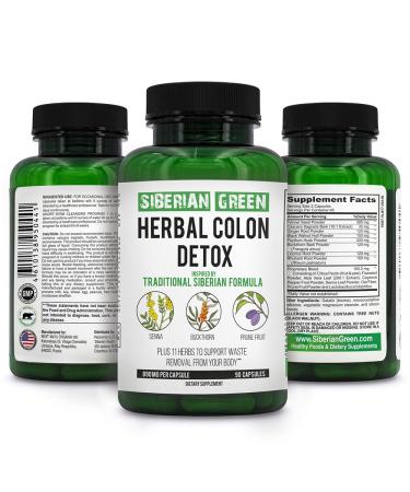 Siberian Green Herbal Colon Detox with Senna Buckthorn Prune Fruit 90 Capsules Traditional Siberian Formula 14 Herbs & Probiotic to Cleanse Colon and Detox Body