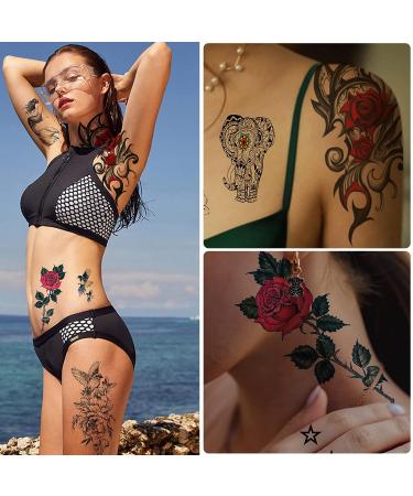 52 Sheets Temporary Tattoos for Women - Includes Large Black Flowers and Colorful Rose Designs - Waterproof and Long Lasting Body Stickers - Buy Online on GoSupps.com