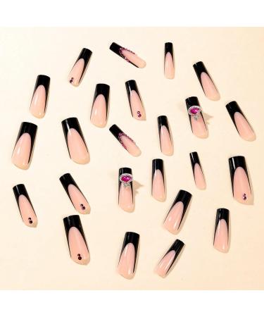 24pcs Black French Long Coffin Fake Nail Black Rhinestone Press on Nails Luxurious Nails Acrylic Nails Fake Nails For Women Girls - Buy Online on GoSupps.com