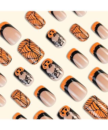 Buy Halloween Press On Nails - Medium Square Black & Yellow French Tips with Pumpkin & Spider Web - 24 Pcs Glossy Fake Nails for Women - Buy Online on GoSupps.com