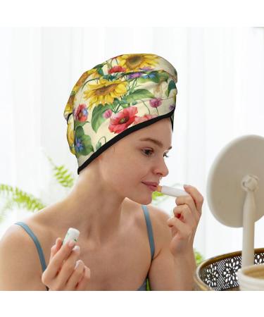 Hair Towel Wrap - Quick Drying Hair Turban with Button | Sunflower Cornflower Poppy Design - Buy Online on GoSupps.com
