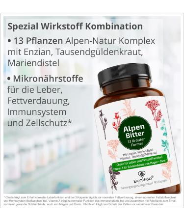 BONVIGO Alpenbitter 90 Bitter Capsules | 12-Herb Formula for Liver Support Digestion & Fat Metabolism | Natural Gentian Wormwood & Dandelion Blend - Buy Online on GoSupps.com