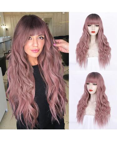 ORSUNCER Long Curly Wavy Synthetic Hair Wigs with Bangs for Women Ombre Ash Pink Taro Purple Wig Dark Roots Long Heat Resistant Hair Wigs for Daily Party Wig 26 Inches Ombre Pink Taro Purple