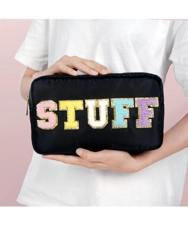 Chenille Letter Nylon Waterproof Makeup Bag for Women - Preppy Valentines Day Travel Organizer Pouch for Toiletries and Cosmetics Storage - Black - Buy Online on GoSupps.com