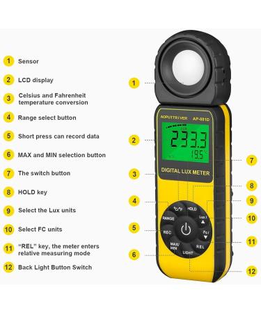 Light Meters 881D Digital Illuminance Meter Ambient Temperature Measurer with Range up to 400 000 Lux Luxmeter  Rotatable Head for 270 Degrees  Display 3999  Data Hold  Back Light  Data storag AP881D(0.01400 000 Lux) - Buy Online on GoSupps.com