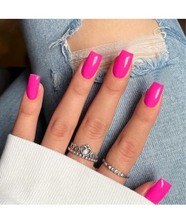 Hot Pink Press on Nails - Medium Square Coffin Style | Thick Reusable Gel Acrylic False Nails | 24 Glossy Solid Color Set - SXVME - Buy Online on GoSupps.com