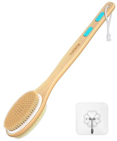 Metene Back Scrubber for Shower Shower Brush for Exfoliating Skin and A Soft Scrub Double-sided Body Brush Head for Wet or Dry Brushing Long Wooden Handle Cleans the Body Easily