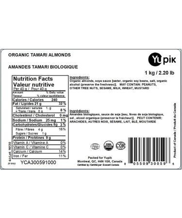 Yupik Organic Almonds with Tamari (Soy Sauce) 1 kg Kosher Non-GMO Vegan Gluten-Free Whole Seasoned Nuts Salty Flavor High in Fiber Crunchy Savory Snacks - Buy Online on GoSupps.com