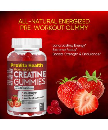 Creatine Monohydrate Gummies 4000mg - 60 Chewable Strawberry Flavoured for Pre Workout | Men & Women | Gym Supplement | Keto Vegan | 1 Month Supply - Buy Online on GoSupps.com