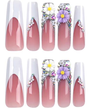French Tip Press on Nails - Long Press On Nails with Nail Tips White edged white and purple flower powder blusher pearl false nails press on nails Acrylic False Nails Cute Artificial Nails - Buy Online on GoSupps.com