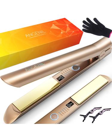 ANGENIL Nano Titanium Flat Iron Hair Straightener and Curler 2 in 1 Straightening Curling Hair Styling Irons for Women All Hair Types Fast Heating Flat Curling Iron 1 Inch Dual Voltage Gold