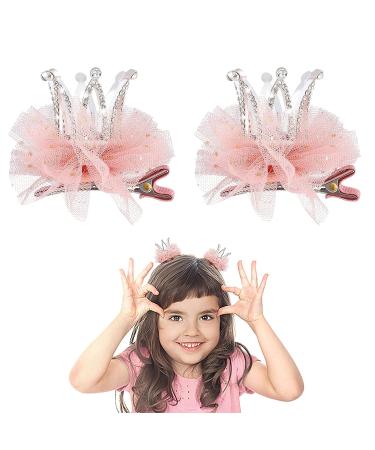 Bestoyard 2Pcs Diamond Crown Hair Pin Princess Flower Mesh Hair Clips - Pink Rhinestone Crystal Tiara Barrettes for Kids Party Accessory - Buy Online on GoSupps.com