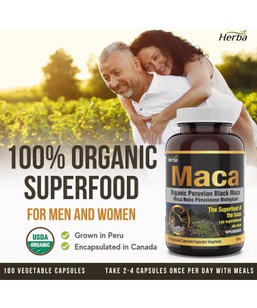 Herba Organic Black Maca Capsules - 500mg 180 Capsules | Peruvian Black Maca for Men and Women | Provides Antioxidants | Black Maca Root Capsules - Buy Online on GoSupps.com