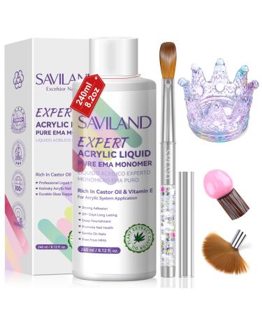SAVILAND Pure EMA Monomer Acrylic Nail Liquid: 8.12fl.oz Odorless Acrylic Liquid with14# Acrylic Nail Brush Dappen Dish Castor Oil Vitamin E Nail Monomer Liquid Set for Acrylic Nails Extension Salon