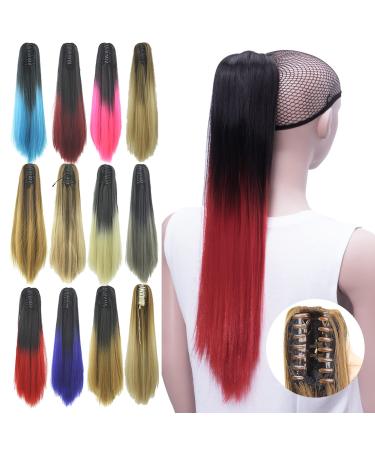 IMISSU Long Straight Clip in Hairpiece Hair Extensions Ponytail Claw Ombre Color Ponytail Hairpieces (Ombr Red)