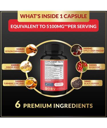 Ceylon Cinnamon Capsules 5100mg - Antioxidant Support - 120 Capsules with Berberine, Apple Cider Vinegar, Turmeric & Ginseng - Buy Online on GoSupps.com