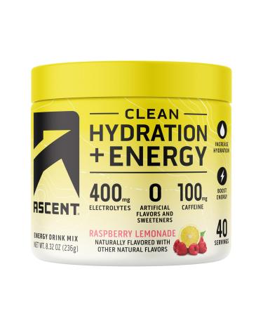 Ascent Clean Hydration + Energy Electrolytes Powder - 100mg Caffeine 400mg Electrolytes No Artificial Ingredients Raspberry Lemonade 40 Servings