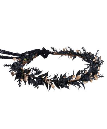 MOSTORY Handmade Elf Black Flower Crown - Gothic Adjustable Floral Tiara Headband Dark Fairy Hair Wreath Medieval Accessory for Halloween Carnival Wedding Cosplay Mardi Gras