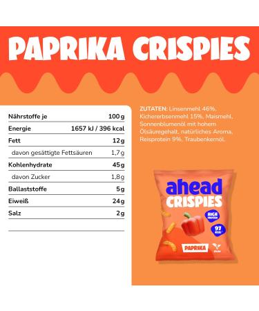 Ahead Crispies Paprika - High Protein Vegan Chips | 24% Protein Low Fat Gluten-Free Snacks | Delicious Healthy Treats for Movies & On-the-Go - No Added Sugar No Palm Oil - Buy Online on GoSupps.com