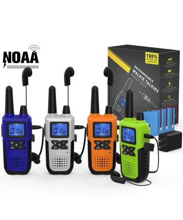 4 Long Range Walkie Talkies Rechargeable for Adults - NOAA 2 Way Radios Walkie Talkies 4 Pack - Long Distance Walkie-Talkies with Earpiece and Mic Set Headsets USB Charger Battery Weather Alert 4 Pack 90% of Families Choose