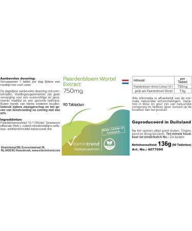 Dandelion Root Extract 750mg - with 750mg Dandelion Root Extract 10:1-90 Tablets - Highly Dosed - Vegan - Bioavailable Supplements from Germany | Vitamintrend - Buy Online on GoSupps.com