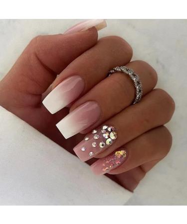 Justotry 24 pieces coffin nails for sticking with rhinestones milky French artificial nails pink ballerina artificial nails press on nails with glue beautiful coffee fingernails finger nails medium for women milky & jewels2