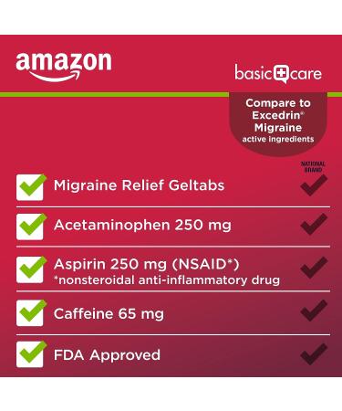 Amazon Basic Care Migraine Relief Geltabs - Acetaminophen, Aspirin, Caffeine - 80 Count - Buy Online on GoSupps.com