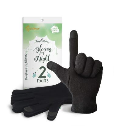 EvridWear 100% Cotton Touchscreen Moisturizing Beauty Gloves with Elastic Cuff Natural Cosmetic Therapy Gloves for Eczema SPA Dry Hands Care Overnight (Black Large) 2 Pairs