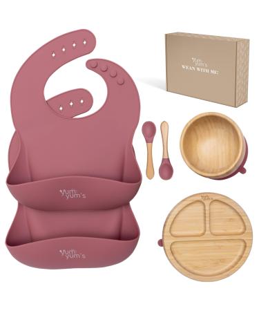 Yum Yum's Set of 6 Baby Feeding Set Baby Plates with Suction Bamboo Plates Baby Bowl & Wooden Spoons | Baby Weaning Set Suction Bowl and Baby Plate Baby weaning Bibs Bamboo Weaning Set for Kids Pink