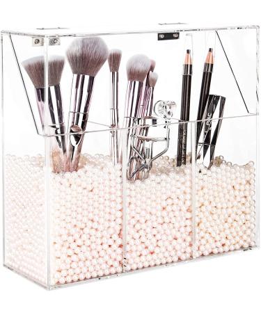 Acrylic Makeup Brush Holder, Acrylic Makeup Brush Organizer For Vanity, Cosmetic Brush Storage Box with Pink Pearls, For Bathroom, Bedroom, Vanity Countertop, Clear (?8.46 x 3.55 x 8.46“(LWH), Pink)