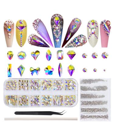 180+1728 Pcs Nail Rhinestones, AB Crystal Rhinestones for Nails, Flatback Crystals with Mixed Shapes and Sizes for Nail Art, Clothes, Jewelry AB 180