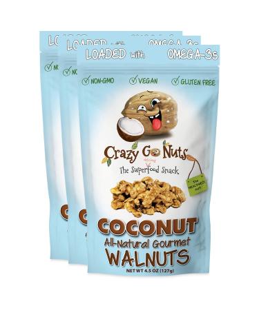 Crazy Go Nuts Walnuts - Coconut, 4.5 oz (3-Pack) - Healthy Snacks, Vegan, Gluten Free, Superfood - Natural, Non-GMO, ALA, Omega 3 Fatty Acids, Good Fats, and Antioxidants 4.5 Ounce (Pack of 3)