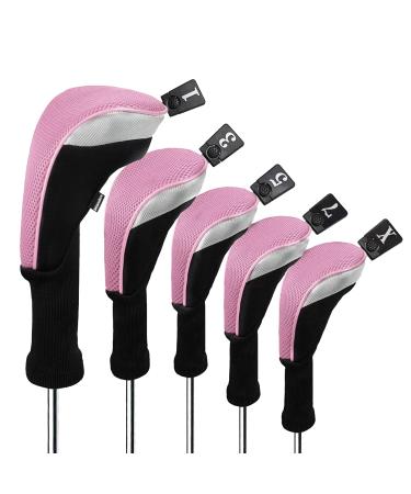 Andux 5pcs/Set Golf 460cc Driver Wood Head Covers with Long Neck and Interchangeable No. Tags Pink