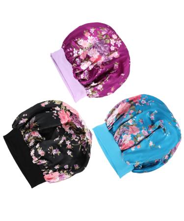 3 Pack Large Satin Bonnets for Women Hair Bonnet for Sleeping Satin Bonnet for Hair Wide Band Silky Sleeping Cap Floral One Size Printed